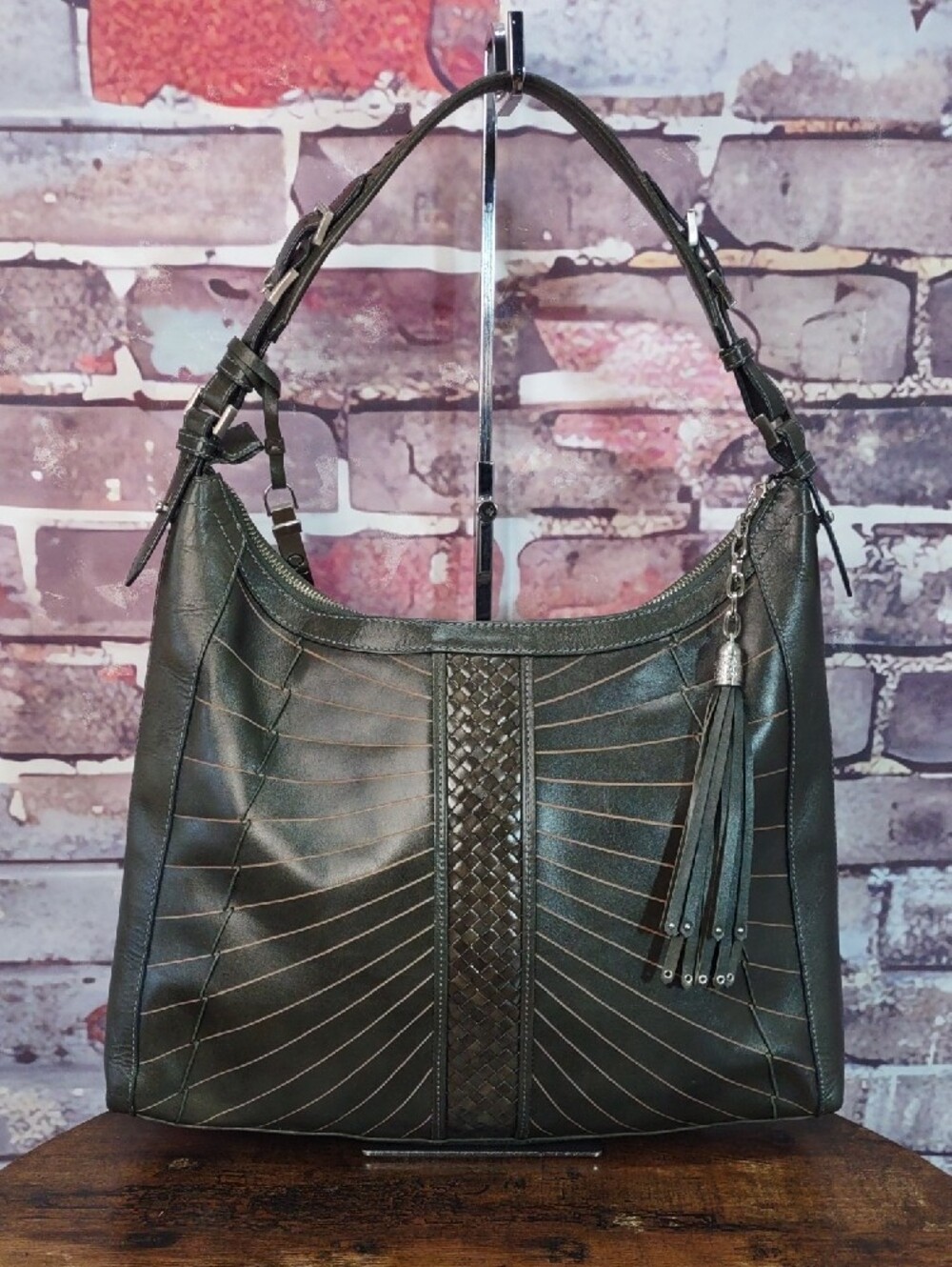 Cole Haan "Hurache Square" Woven-Accent Leather Hobo with Tassel - Picture 2 of 15